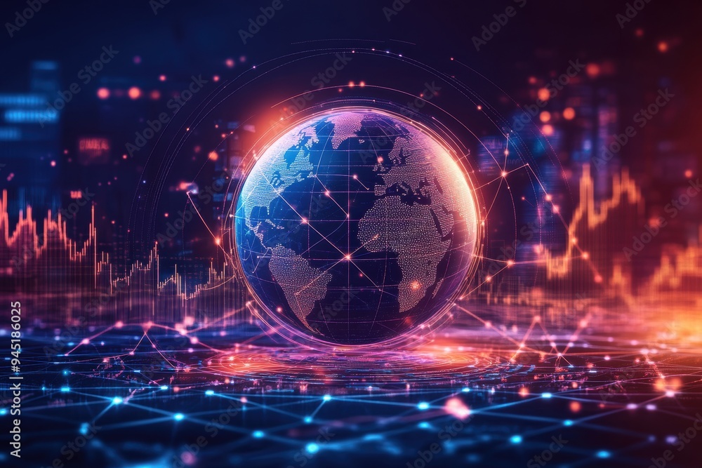 Obraz premium Global Financial Networks: Abstract Minimal Line Art Globe with Digital Network Overlay