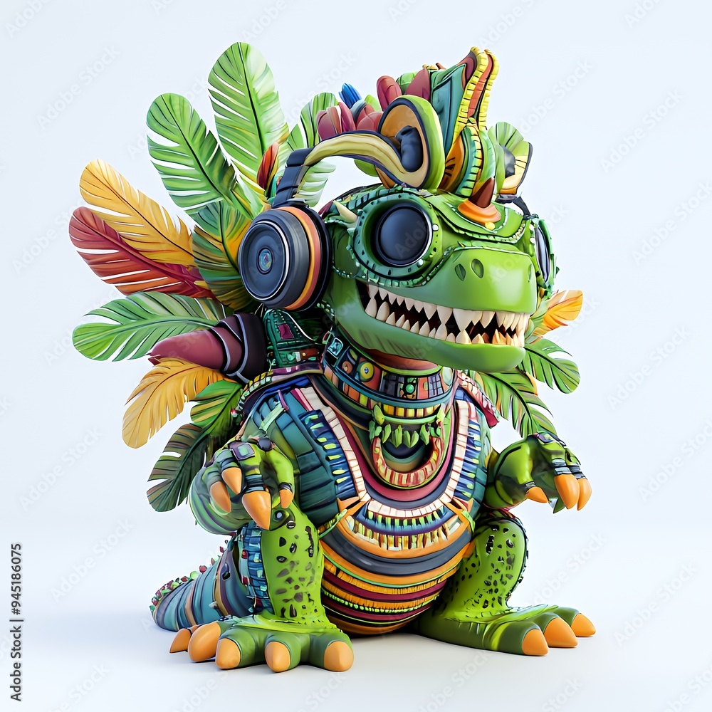 A colorful, stylized creature with headphones and vibrant feathers, showcasing artistic design. A colorful, stylized creature with headphones and vibrant feathers, showcasing artistic design.