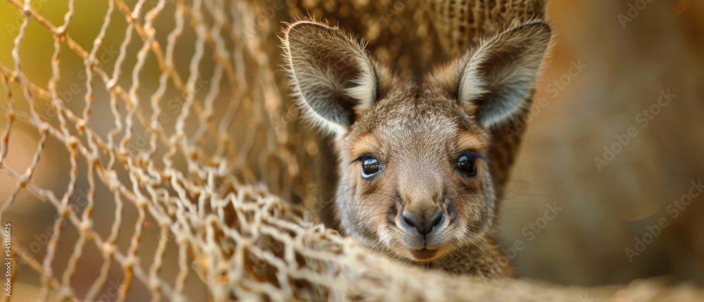 Fototapeta premium Curious Baby Kangaroo Peeking from Mother's Pouch in Australian Outback Adventure