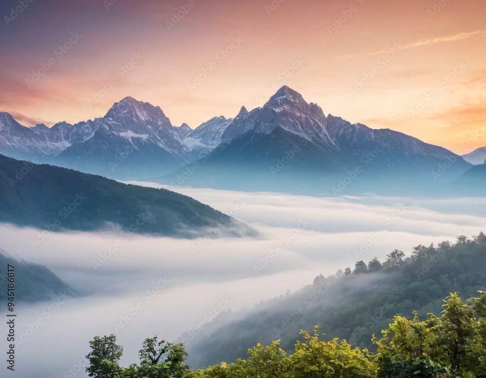 Mountains under mist in the morning Amazing nature scenery. Nature background and Adventure concept. Ai generated images Mountains under mist in the morning Amazing nature scenery. Nature background and Adventure concept. Ai generated images