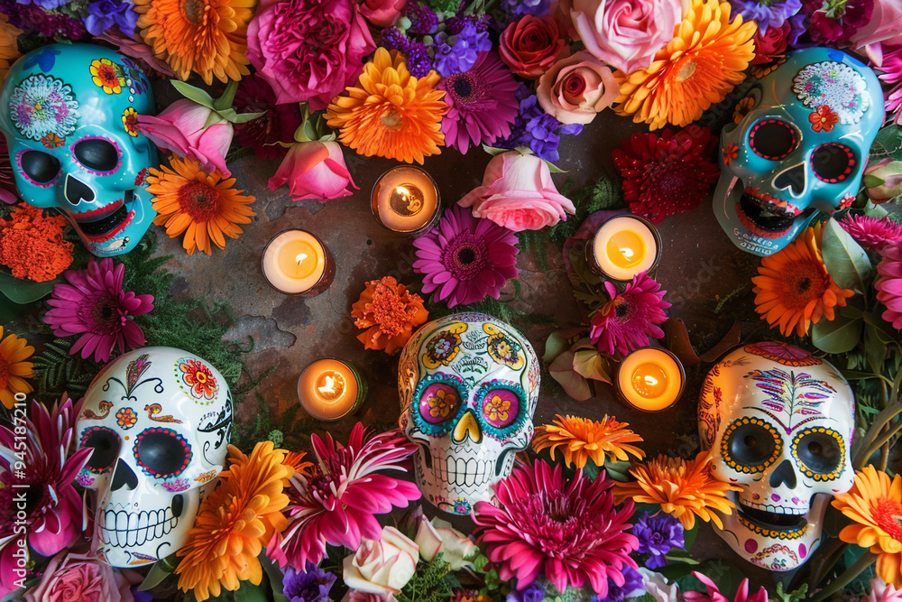 Beautiful greeting card with bright holiday composition for happy to joy celebrate dia de muertos Beautiful greeting card with bright holiday composition for happy to joy celebrate dia de muertos