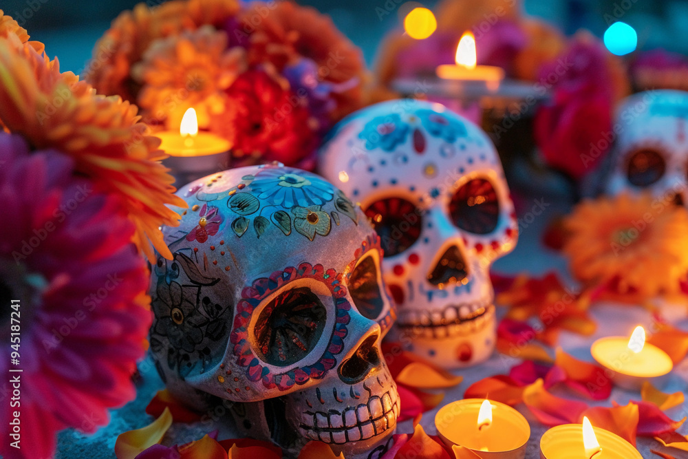 Beautiful greeting card with bright holiday composition for happy to joy celebrate dia de muertos Beautiful greeting card with bright holiday composition for happy to joy celebrate dia de muertos