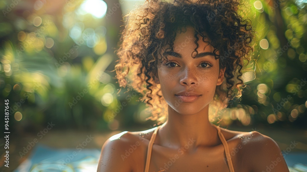 a mixed race female genZ doing yoga on a yoga mat in her backyard, her face hyper concentrated, eyes focused, face is empowered and bold, early morning a mixed race female genZ doing yoga on a yoga mat in her backyard, her face hyper concentrated, eyes focused, face is empowered and bold, early morning