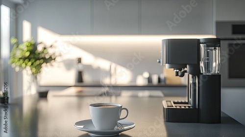 Coffee cup on a countertop in a kitchen. Perfect for illustrating the perfect cup of coffee or home breakfast scenes.