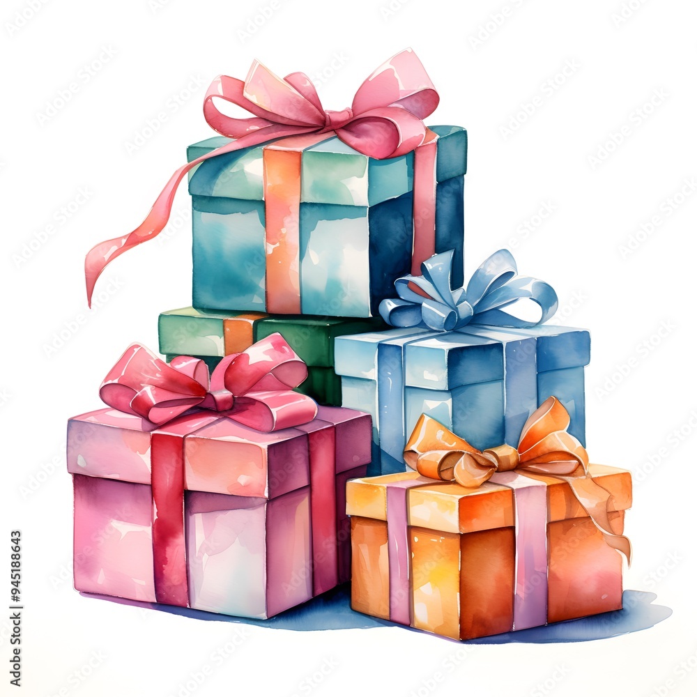 Watercolor Illustration of Gift Boxes with Bows. Watercolor Illustration of Gift Boxes with Bows.