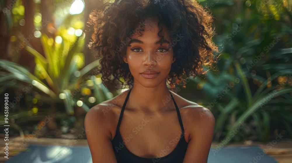 a mixed race female genZ doing yoga on a yoga mat in her backyard, her face hyper concentrated, eyes focused, face is empowered and bold, early morning a mixed race female genZ doing yoga on a yoga mat in her backyard, her face hyper concentrated, eyes focused, face is empowered and bold, early morning