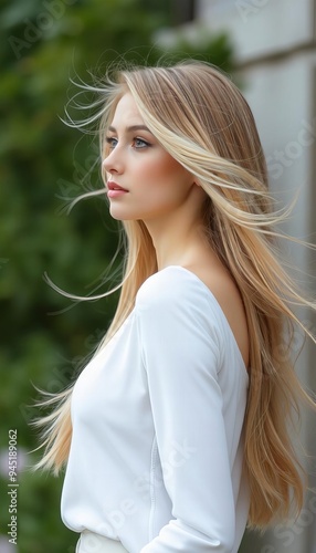 blonde woman with long hair standing in front of a building.