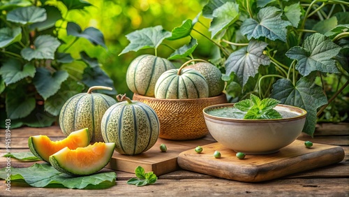 a photo image of ripe homegrown melons strewn over a wooden cutting board surrounded by lush green leaves and a ceramic bowl photo