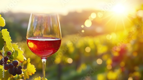 Wine Glass in Vineyard at Sunset photo