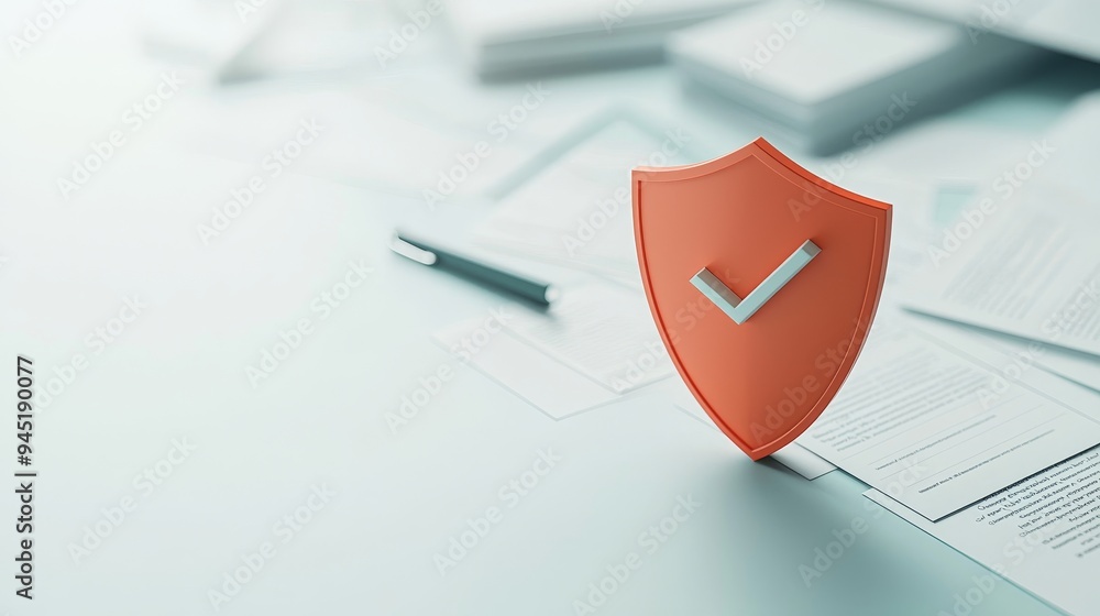 A red shield with a checkmark stands on a desk with paperwork, symbolizing protection and security. A red shield with a checkmark stands on a desk with paperwork, symbolizing protection and security.