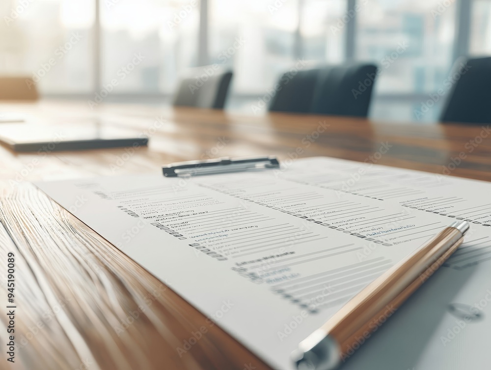 A pen rests on a clipboard with paperwork on a wooden conference table. The room is empty, suggesting a meeting is about to begin. A pen rests on a clipboard with paperwork on a wooden conference table. The room is empty, suggesting a meeting is about to begin.