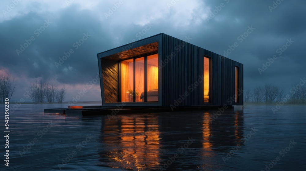 Fototapeta premium Innovative Modular Housing in Floodplain with Resilient Design for Sustainability and Environmental Adaptability