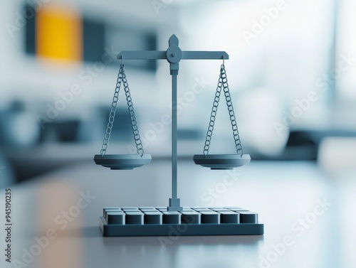 A silver scale of justice sits on a desk, symbolizing law, fairness, and balance. photo