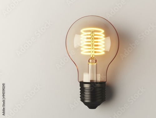 A single vintage light bulb with a coiled filament glows against a white background. photo