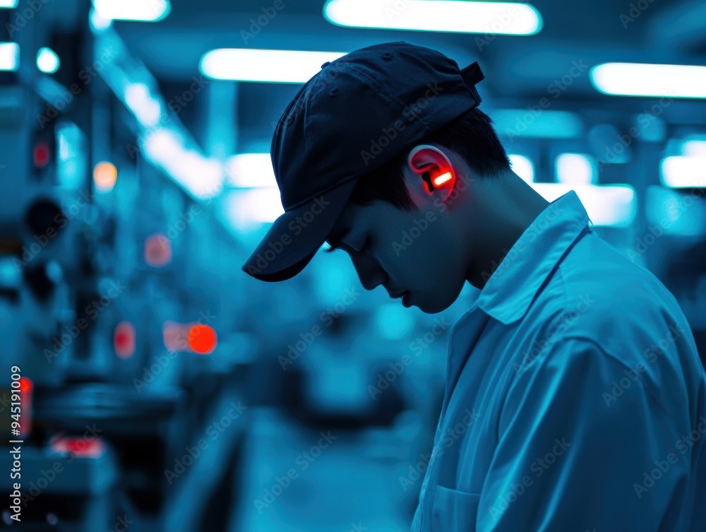 A worker in a dim factory displays visible fatigue with slumped shoulders and chronic sleepiness dragging at their steps A worker in a dim factory displays visible fatigue with slumped shoulders and chronic sleepiness dragging at their steps