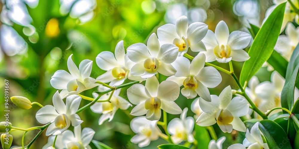 a photo image of a delicate white dendrobium orchid with subtle yellow centers and slender stems nestled among lush green foliage. a photo image of a delicate white dendrobium orchid with subtle yellow centers and slender stems nestled among lush green foliage.