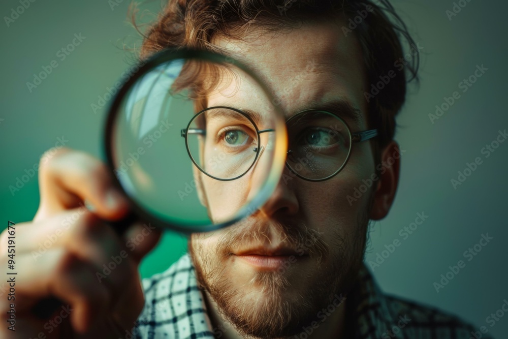 A man with glasses looking through a magnifying glass. AI. A man with glasses looking through a magnifying glass. AI.