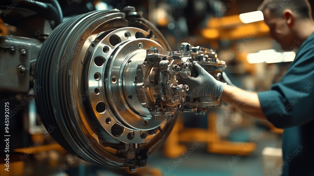 Close-up of a brake system component in a workshop, showcasing the precision and complexity of automotive engineering. Close-up of a brake system component in a workshop, showcasing the precision and complexity of automotive engineering.