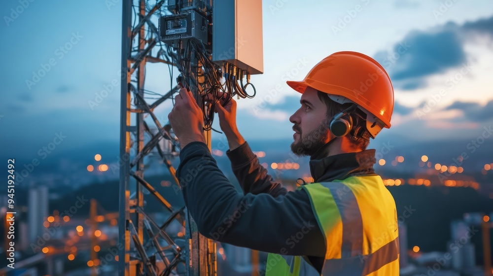 Telecommunications technician working on a communication tower, ensuring proper installation and maintenance of equipment outdoors. Telecommunications technician working on a communication tower, ensuring proper installation and maintenance of equipment outdoors.