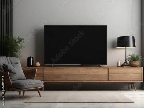 Modern Living Room with Flat Screen TV and Wooden Entertainment Center