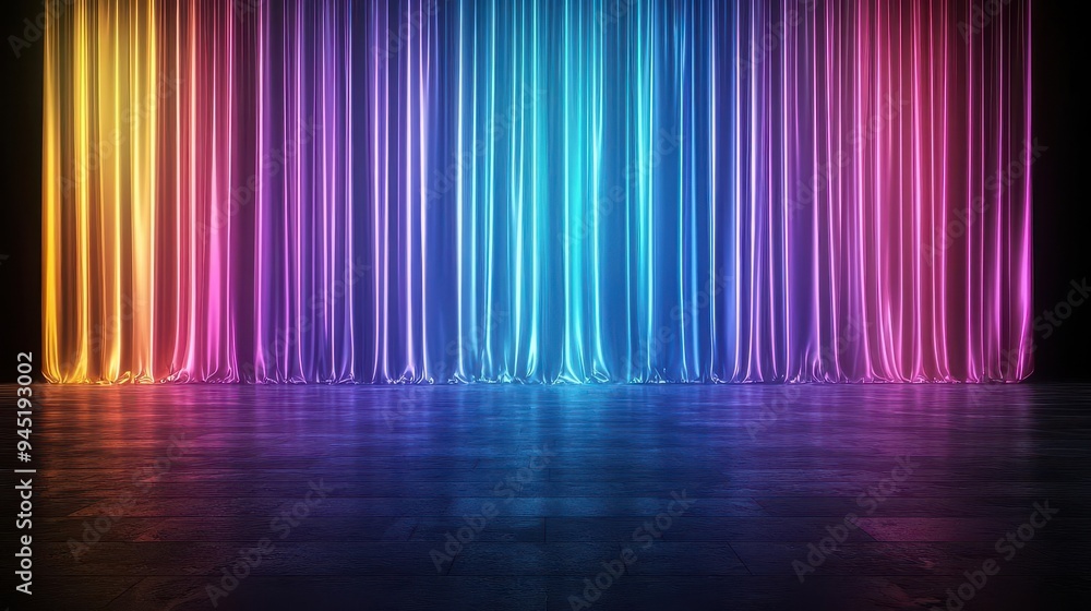 Rainbow-colored lights in vertical stripes, pulsating with intensity, vibrant and modern stage setup Rainbow-colored lights in vertical stripes, pulsating with intensity, vibrant and modern stage setup