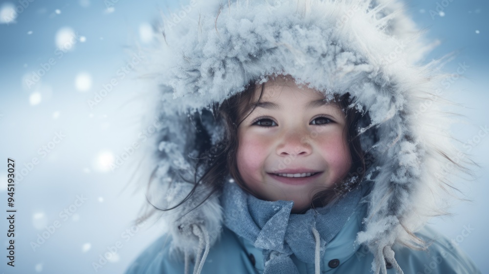 Attractive smiling eskimo kid with fur hood and warm clothes in winter scenery. Neural network ai generated art Attractive smiling eskimo kid with fur hood and warm clothes in winter scenery. Neural network ai generated art