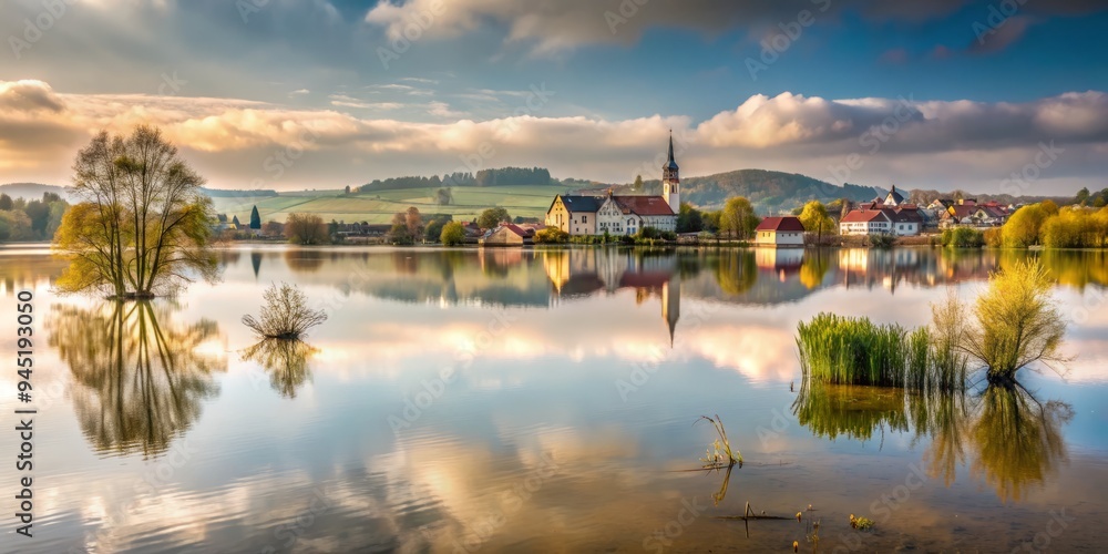 A photo image of a serene landscape partially submerged in murky water, with a faint hint of a small town's outline in the background. A photo image of a serene landscape partially submerged in murky water, with a faint hint of a small town's outline in the background.