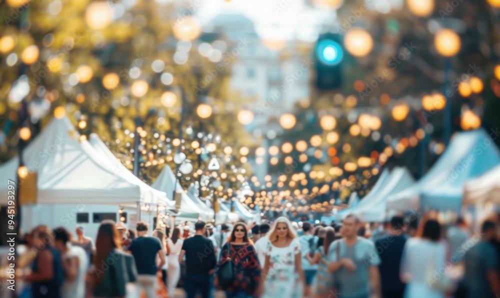 Obraz premium A crowd of people walking through a street with lights hanging from trees. AI.