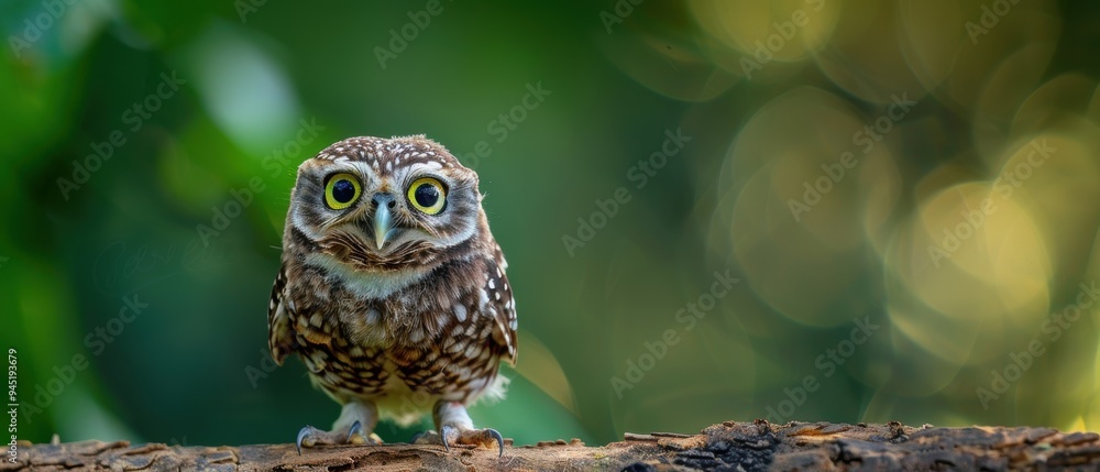Obraz premium Adorable Baby Owl Perched on Branch in Forest Habitat - Cute Wildlife Photography of Owlet in Natural Environment