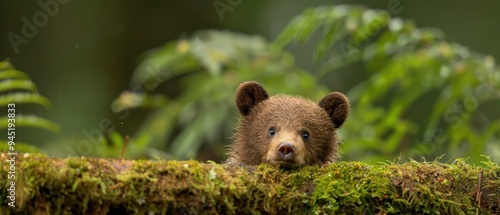 Curious Young Bear Cub Ventures into the Enchanting Forest Wonderland photo