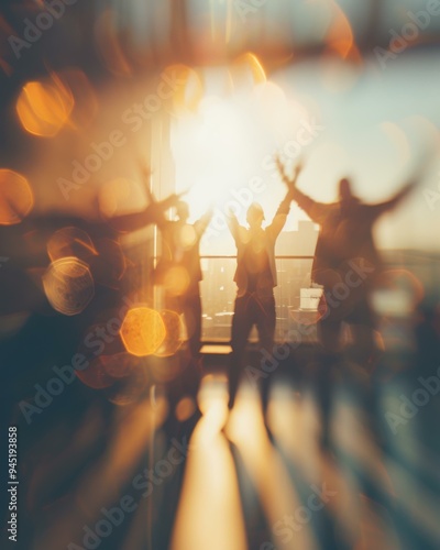 A blurry photo of people standing in a room with their arms up. AI.