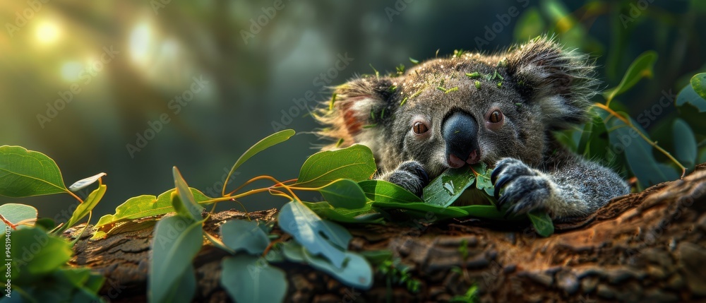 Cute Baby Koala Enjoying Fresh Eucalyptus Leaves in the Wild Cute Baby Koala Enjoying Fresh Eucalyptus Leaves in the Wild