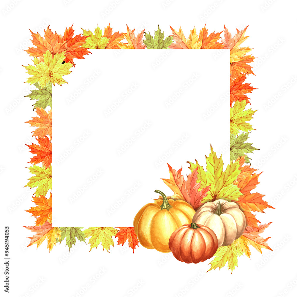 Autumn pumpkins with maple leaves and twigs. Fall frame square for Harvest or Halloween. Hand drawn watercolor illustration isolated. Template with copy space for card, Thanksgiving, embroidery, sale. Autumn pumpkins with maple leaves and twigs. Fall frame square for Harvest or Halloween. Hand drawn watercolor illustration isolated. Template with copy space for card, Thanksgiving, embroidery, sale.