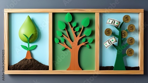 Framed pictures of a sprout, tree, and money tree suitable for finance or naturerelated designs, print materials, or presentations.
 photo