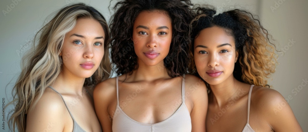 Three women in bras standing next to each other with their arms around one another. AI. Three women in bras standing next to each other with their arms around one another. AI.