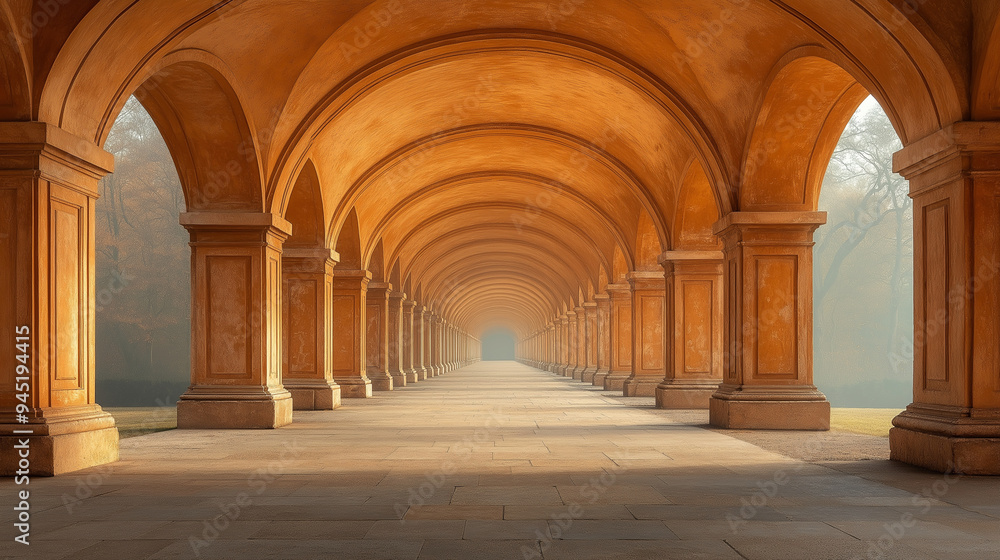 Fototapeta premium An arched hallway with evenly spaced, identical doorways along both sides, leading to a vanishing point in the distance, with copy space