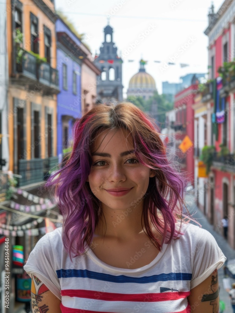 A woman with a tattoo on her arm standing in the middle of town. AI. A woman with a tattoo on her arm standing in the middle of town. AI.