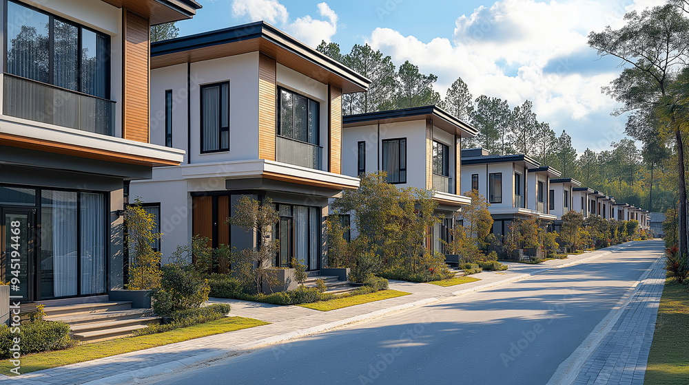 A row of identical, minimalist houses with symmetrical windows and doors, all perfectly aligned along a quiet street, with copy space A row of identical, minimalist houses with symmetrical windows and doors, all perfectly aligned along a quiet street, with copy space