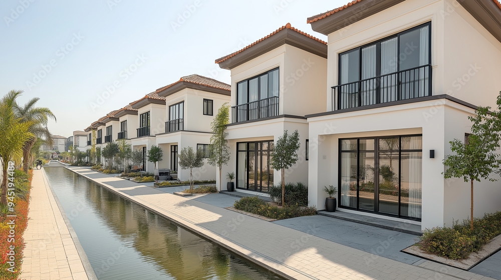 A row of identical, minimalist houses with symmetrical windows and doors, all perfectly aligned along a quiet street, with copy space A row of identical, minimalist houses with symmetrical windows and doors, all perfectly aligned along a quiet street, with copy space
