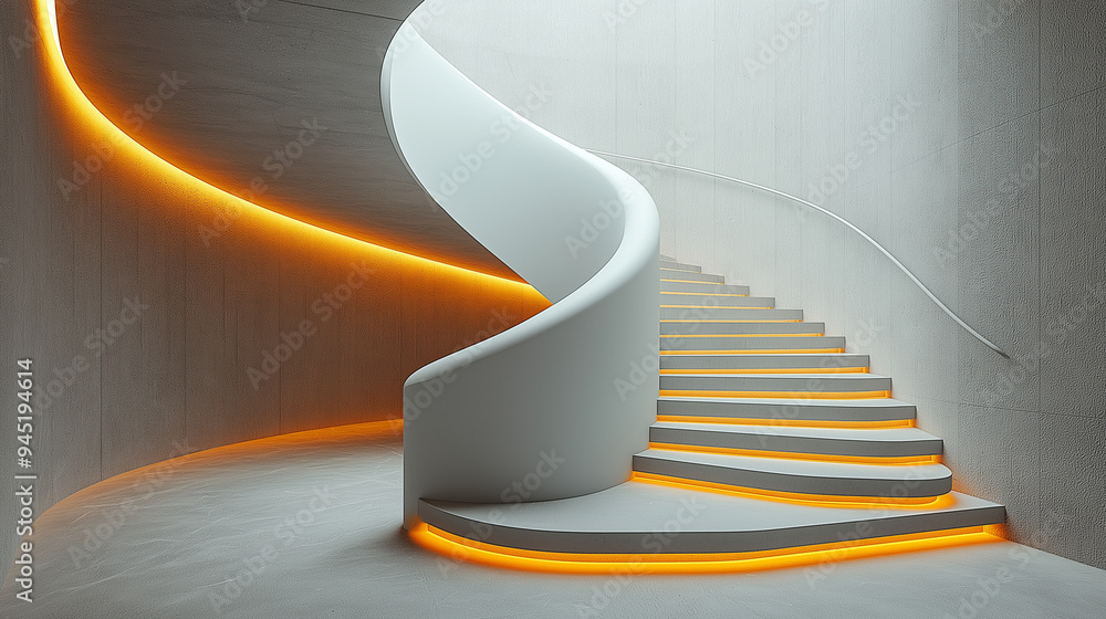 Obraz premium A symmetrical staircase spiraling upwards in a modern building, with even lighting emphasizing the balanced design, with copy space