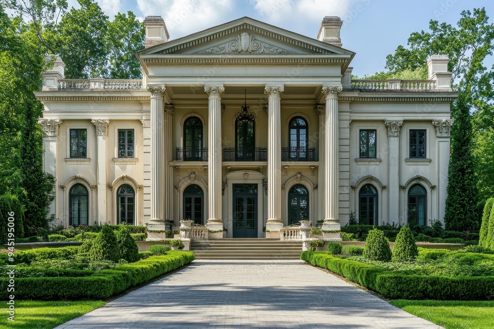 Fototapeta premium A grand mansion with classical architecture and well-maintained landscaping.