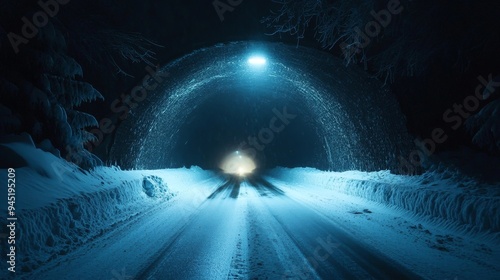 A dark long tunnel lies ahead on a wintery road at night. A winter storm is making it difficult to see. There are headlights inside the dark tunnel