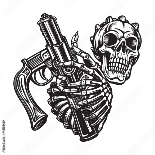 Skull gangster holding gun vector illustration