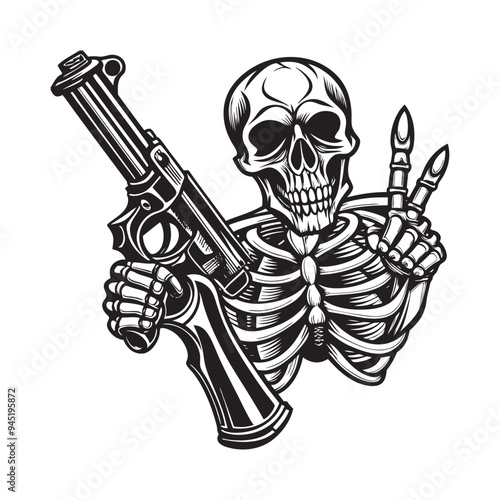 Skull gangster holding gun vector illustration