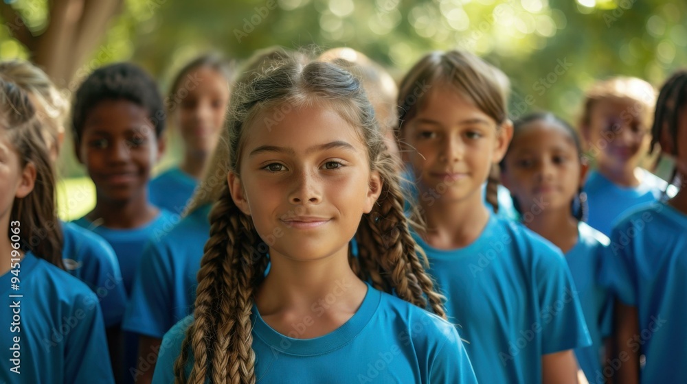 A group of children wearing blue shirts are standing in a park. AI. A group of children wearing blue shirts are standing in a park. AI.