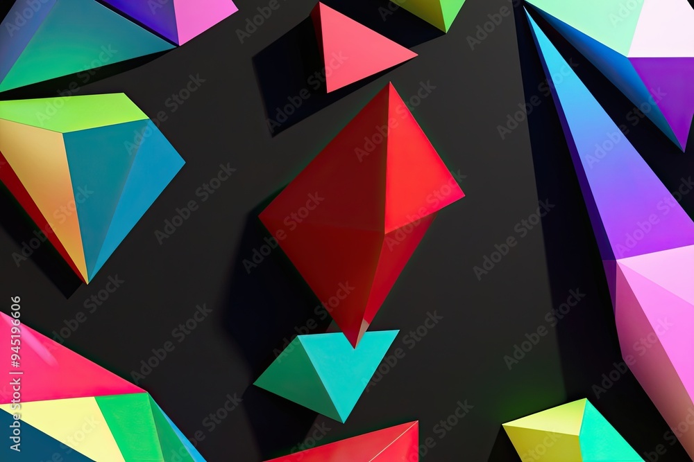 Colorful Geometric Shapes on Dark Canvas with Light Refraction and Three Dimensional Visualization Colorful Geometric Shapes on Dark Canvas with Light Refraction and Three Dimensional Visualization