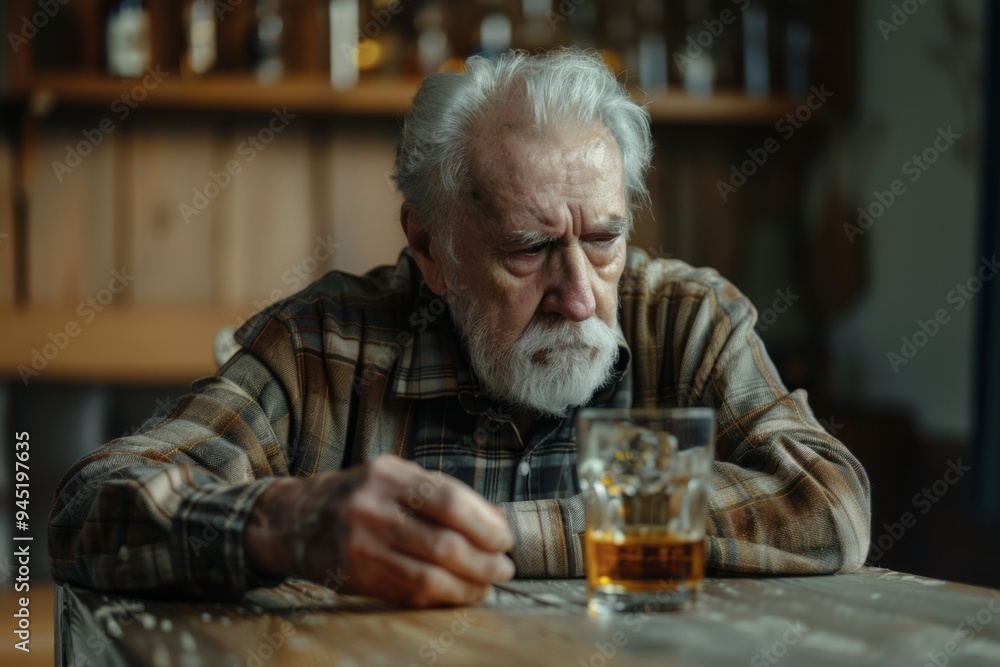 An old man sits quietly with a drink in hand. Deep in thought, he reflects on life moments. This image conveys solitude and contemplation. Generative AI An old man sits quietly with a drink in hand. Deep in thought, he reflects on life moments. This image conveys solitude and contemplation. Generative AI