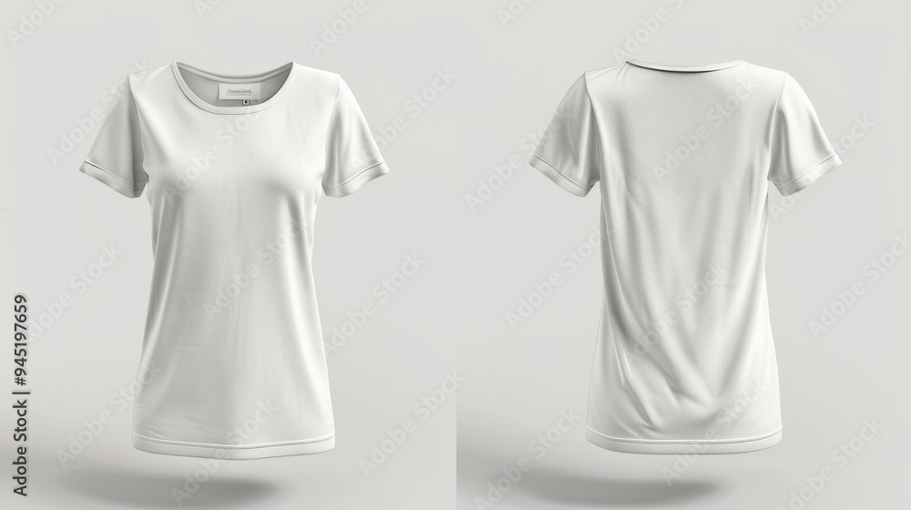 White beautiful T-shirt front and back on a flat surface on a gray background. White beautiful T-shirt front and back on a flat surface on a gray background.