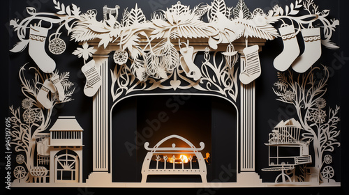 Festive Paper Cut Fireplace with Stocking Decorations and Cozy Fire