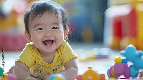 Playful giggles: A baby laughing heartily while playing with colorful toys, showcasing the joy and wonder of early childhood